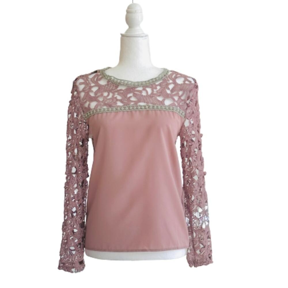 Choices Top Mauve Lace Crochet Long Sleeve Chiffon Blouse Top Size Small NEW